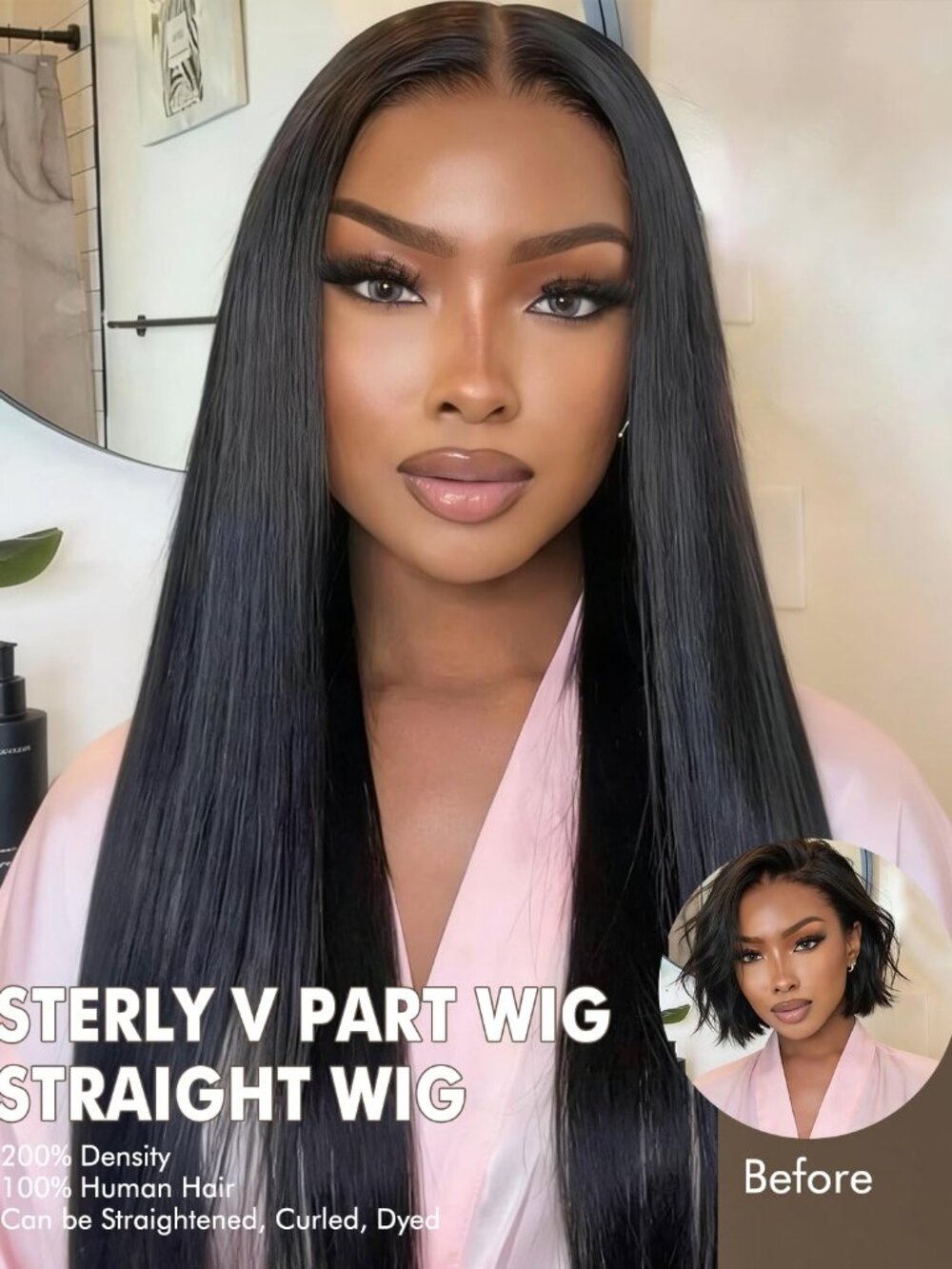 NEW V Part Brazilian Virgin Human Hair 16" Straight 200% Density Drawstring Wig